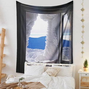 Detail of 3D window view tapestry showing snowy mountains and clouds in a bedroom