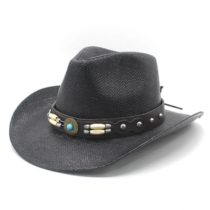 Classic black woven cowboy hat with ethnic bead leather band and blue turquoise star concho
