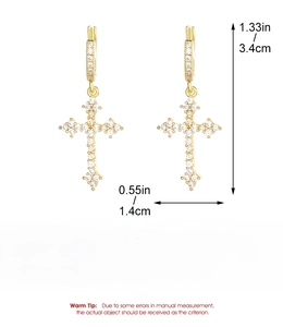 Detailed dimension guide for gold cross earrings featuring dimensions and weights in inches