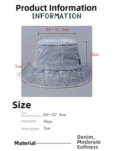 Size chart for washed denim bucket hat showing head circumference 54-57.5cm and depth 10cm