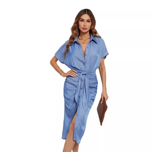 Short-sleeve denim midi shirt dress with button-down front and waist tie belt