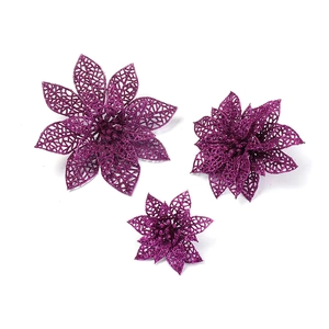 Three sizes of purple glitter poinsettia flowers for Christmas tree decoration