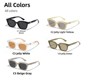Collection of retro narrow cat eye sunglasses in five colors with gold D-shaped metal accents