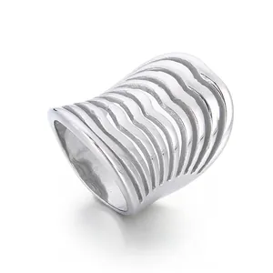 Stainless Steel Wide Band Ring Hollow Wavy Line Design Exaggerated Modern Fashion Jewelry For Women