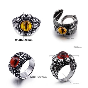 Detailed size guide for punk steel rings featuring devil eyes, skulls, and feathers