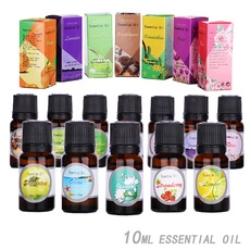 Verschillende 10ml etherische olieflesjes zoals Lavendel en Roos op een witte achtergrond