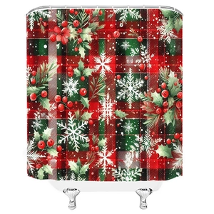 Christmas shower curtain with red and green plaid pattern, holly leaves and snowflakes