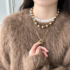 Layered 18K gold-plated tiger eye pendant necklace with faux pearl choker for women