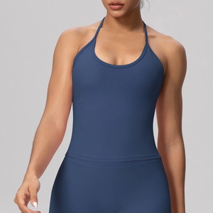 Deep blue halter yoga vest with cross-strap back and professional moisture-wicking fabric