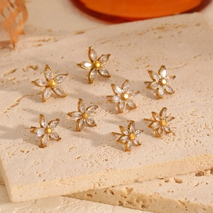 Elegant 18k gold plated five-petal flower stud earrings with zircon crystals on stone tray