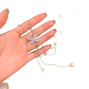Sparkling zircon butterfly pearl necklace for women featuring elegant long silver chain