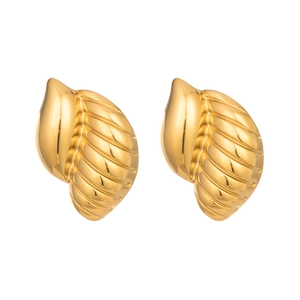 Macro shot of gold snail shell textured earrings with polished stainless steel finish