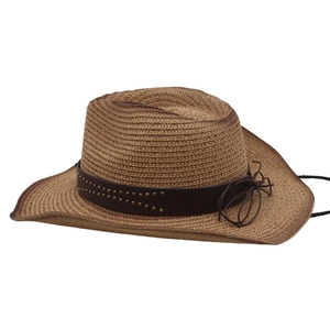 Close-up of brown straw cowboy hat featuring leather band with metallic rivet details