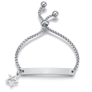 Adjustable silver box chain bracelet with rectangular plate and star charm for women