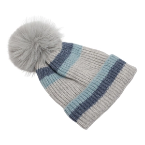 Bonnet en tricot rayé pour enfants avec pompon en fourrure synthétique grise pour hiver