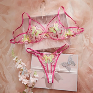 Detail of pink lace mesh lingerie set with butterfly embroidery and pearl decoration