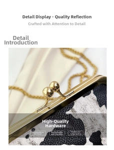 Detail of cow print bag featuring premium golden kiss-lock and elegant metal chain strap