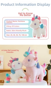 Detail of colorful unicorn plush showing skin-friendly fabric and PP cotton filling