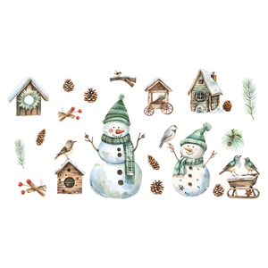 Christmas snowman wall decals with watercolor pinecones and festive birdhouses decoration