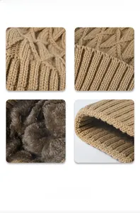 Close-up of thick khaki cable knit beanie with warm brown faux fur lining and ribbed cuff