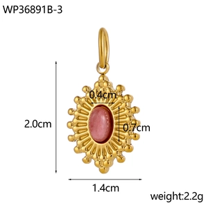 Detail of gold sunburst pendant with pink turquoise stone showing measurements and weight