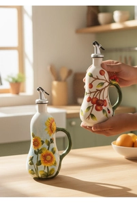 Detalle de patrones de relieve de girasol y cereza en botellas de aceite de cerámica