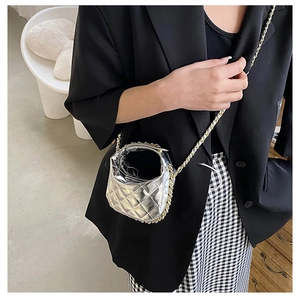 Silver quilted mini chain bag shown on a model with a mirror finish metallic texture