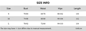 Size information table for the sexy hollowed-out maxi dress with detailed measurements