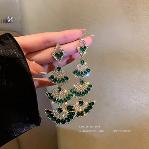 Emerald Green Gemstone Fan Tassel Earrings Alloy Rhinestone With 925 Sterling Silver Earring Post Vintage Luxury Women