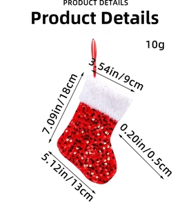 Detailed dimensions of red sequin Christmas stocking with plush trim and hanging loop