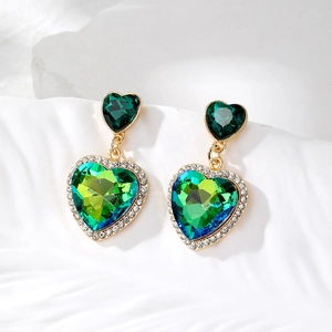Elegant heart-shaped drop earrings with green crystal and sparkling rhinestones