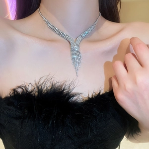 Primo piano della collana con frange di strass argentati a forma di V su modella
