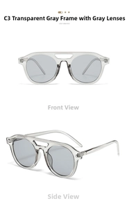 Detail view of transparent grey round sunglasses with double-bridge and grey lenses
