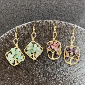 Handmade tree of life crystal earrings with gold wire wrap and natural gemstones