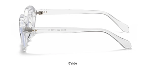 Macro view of transparent polygonal glasses frame showing 44-17-138 size specifications