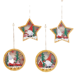 Lighted wooden Christmas ornaments set including star and round shapes for tree decoration