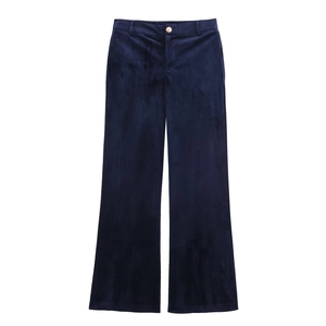 Women's dark blue velvet wide-leg trousers with high waist design for stylish autumn wear