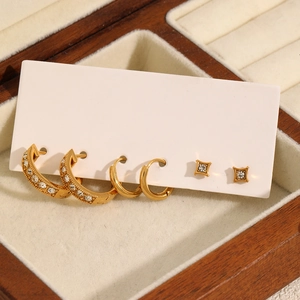 Three-pair set of 18k gold plated stainless steel earrings with sparkling rhinestones
