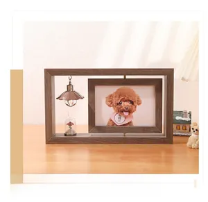 Rotating wooden photo frame with glass dome dried flowers and decorative mini lamp