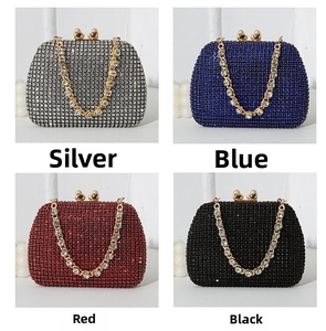 Sparkling rhinestone evening bags in silver, blue, red, and black with heart clasp