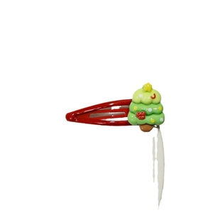 Christmas hair clip with green cartoon tree on red metal alligator clip base