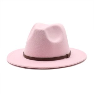 Classic light pink wool fedora hat with a thin brown woven leather band for men and women