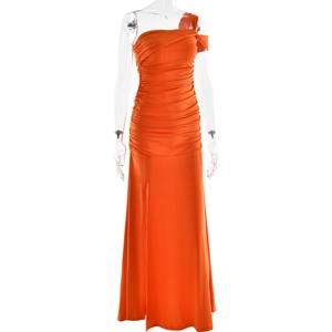Detail of orange one-shoulder ruched dress showing slim fit silhouette and draped hemline