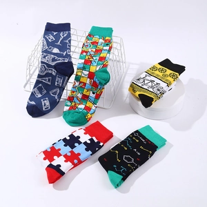 Men's cotton crew socks featuring geometric patterns and vivid chemical formula designs