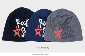 Detailed flat lay of three knitted beanies in black, navy, and grey with Rock Star logo
