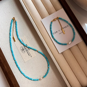 18K gold plated necklace and bracelet set with turquoise beads and freshwater pearls