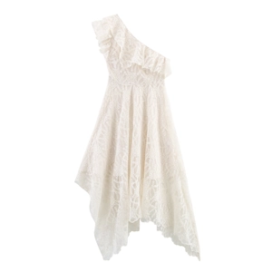 Vestito Maxi Bohemien In Pizzo Monospalla Da Donna Elegante Vita Alta Orlo Irregolare Senza Maniche Bianco Retro Lungo
