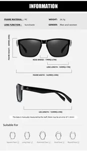 Size chart showing frames dimensions and technical specifications for UV400 sunglasses