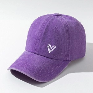 Unisex dark purple washed cotton baseball cap featuring a white embroidered heart design