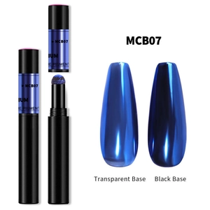 Solid mirror nail powder pen MCB07 showing blue chrome finish on black and clear bases